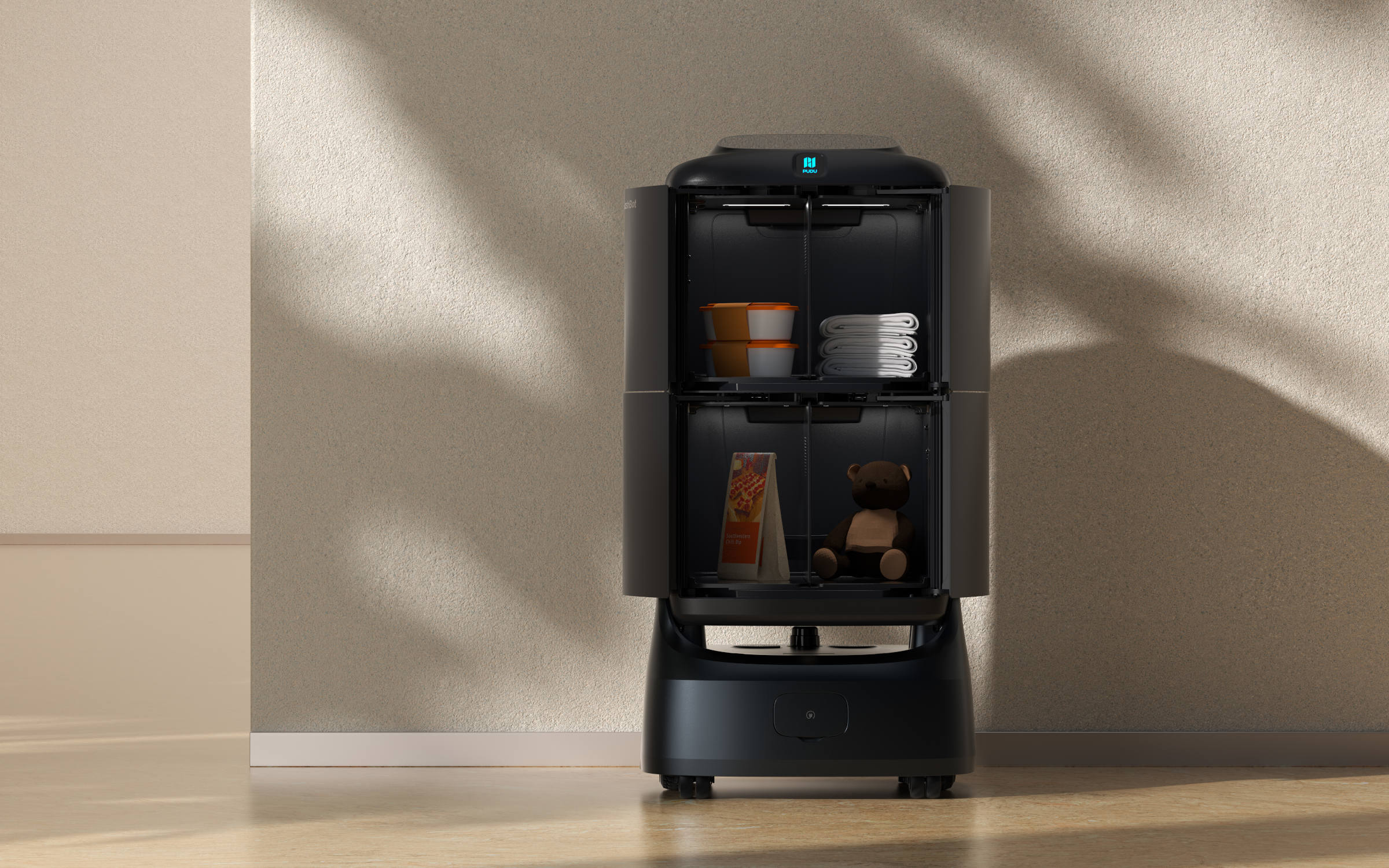 PUDU FlashBot Max building delivery robot open compartments showing delivered items