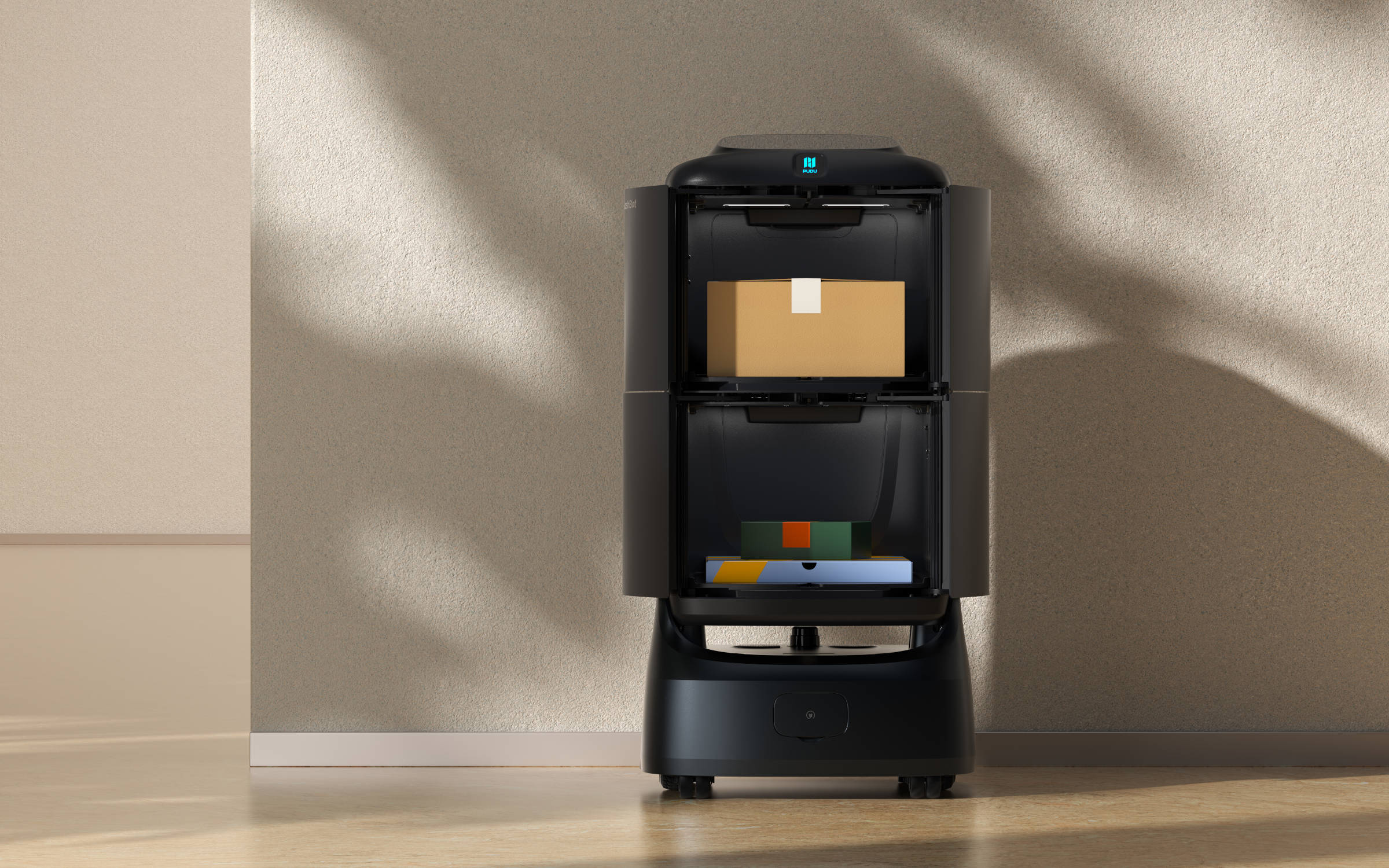 PUDU FlashBot Max building delivery robot open compartment with parcel inside