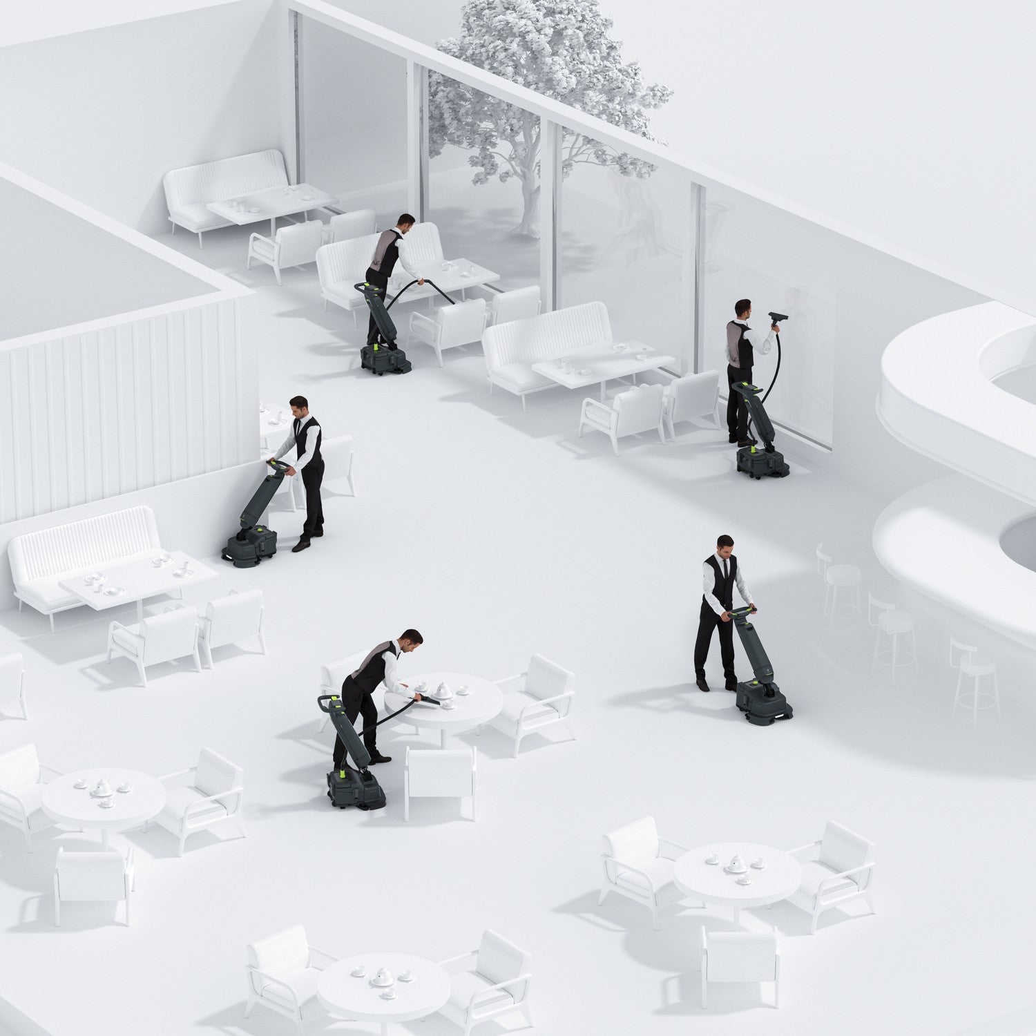 PUDU SH1 multi-dimensional cleaning modes across a hospitality floor plan