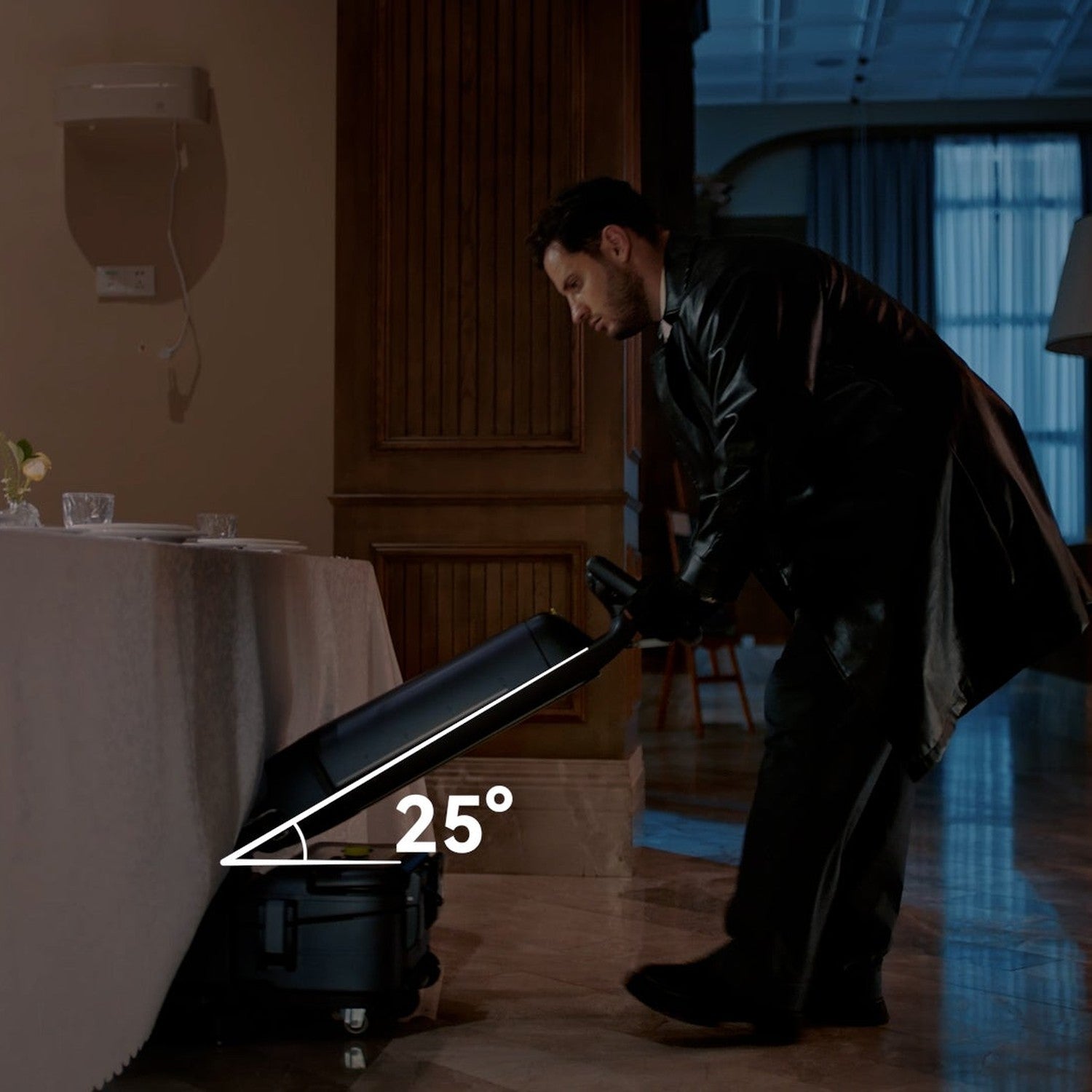 PUDU SH1 folded flat to 25 degrees to reach under tables