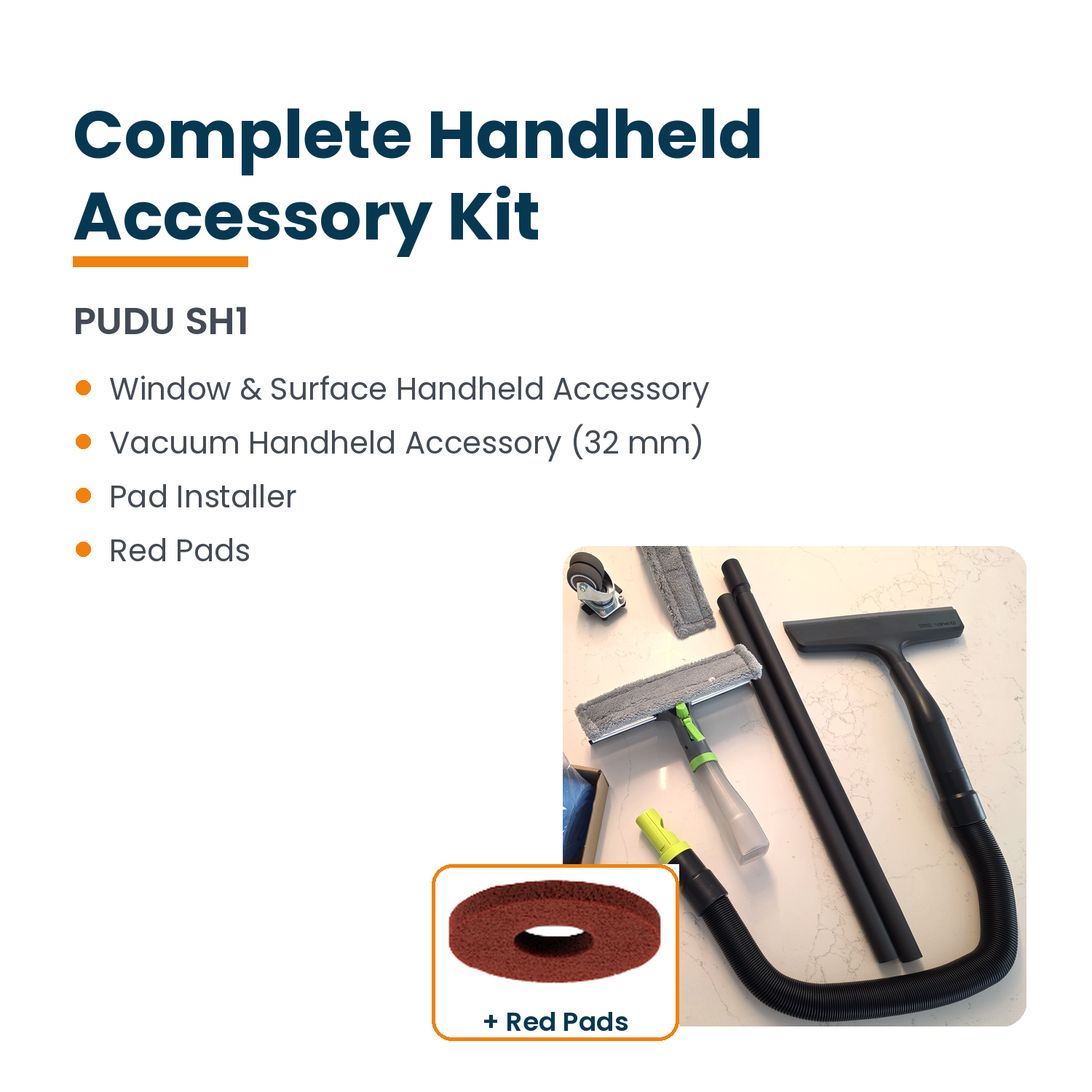 PUDU SH1 complete handheld accessory kit contents including red pads