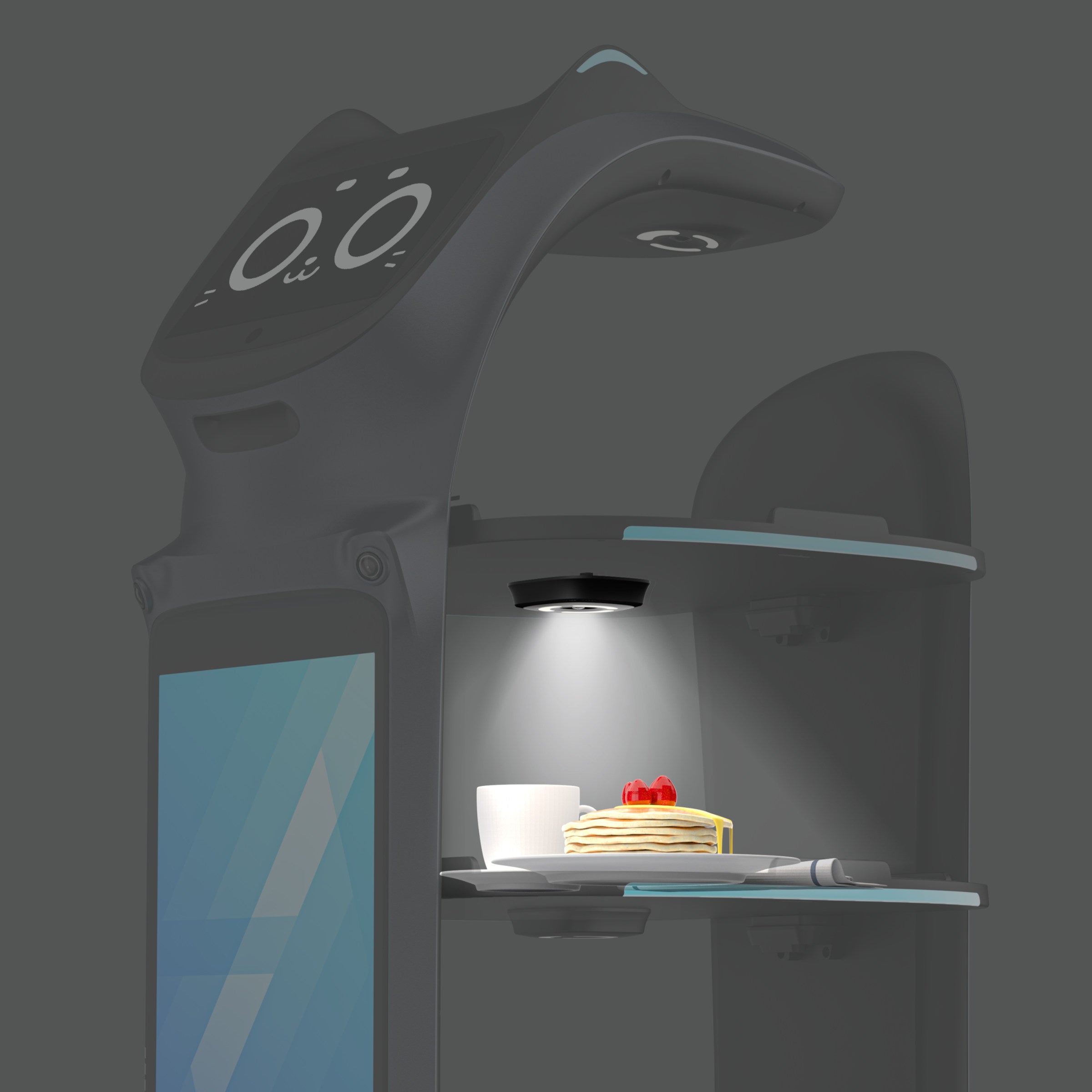 PUDU BellaBot Pro delivery robot tray lighting guiding customers to collect items