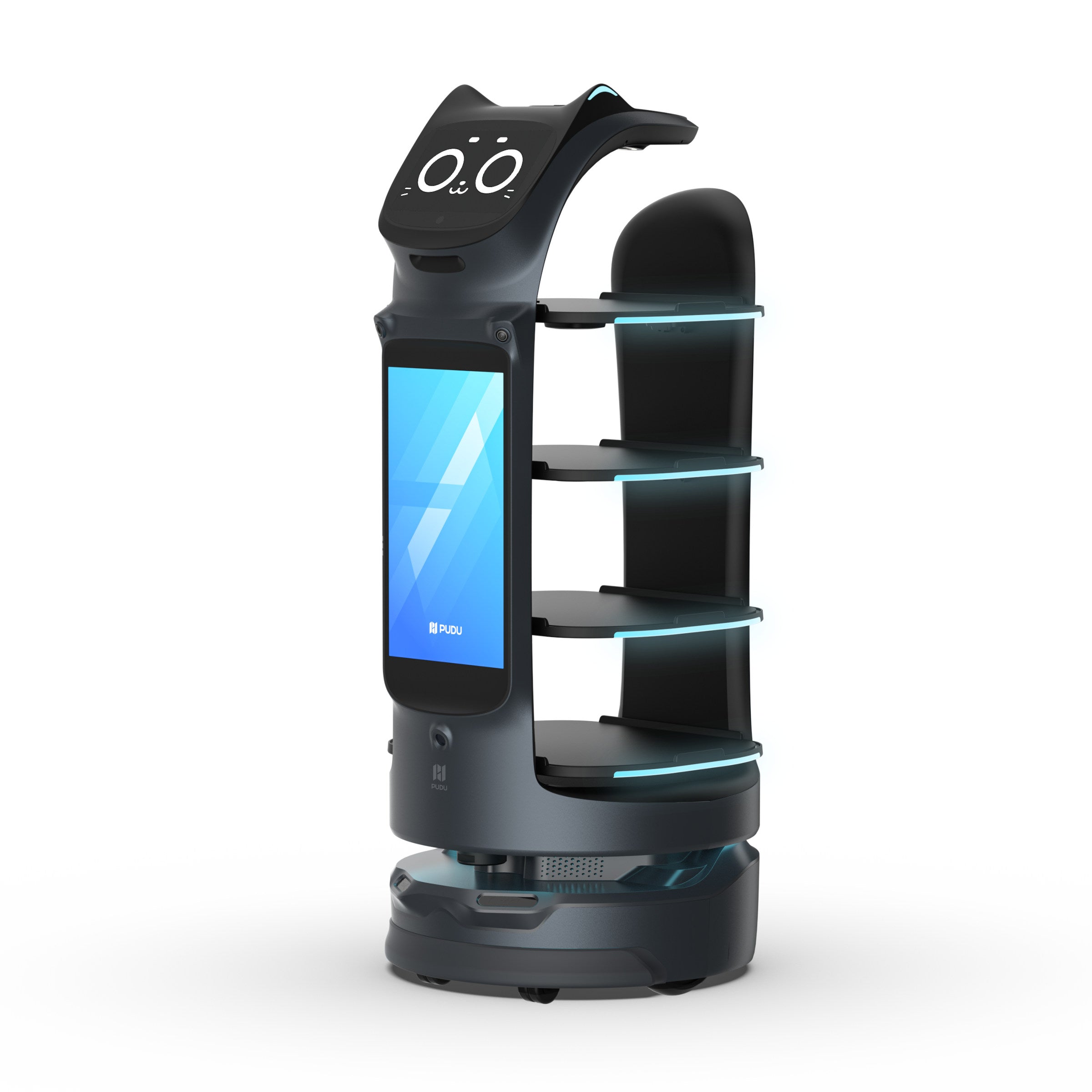 PUDU BellaBot Pro premium delivery and advertising robot front left angle view