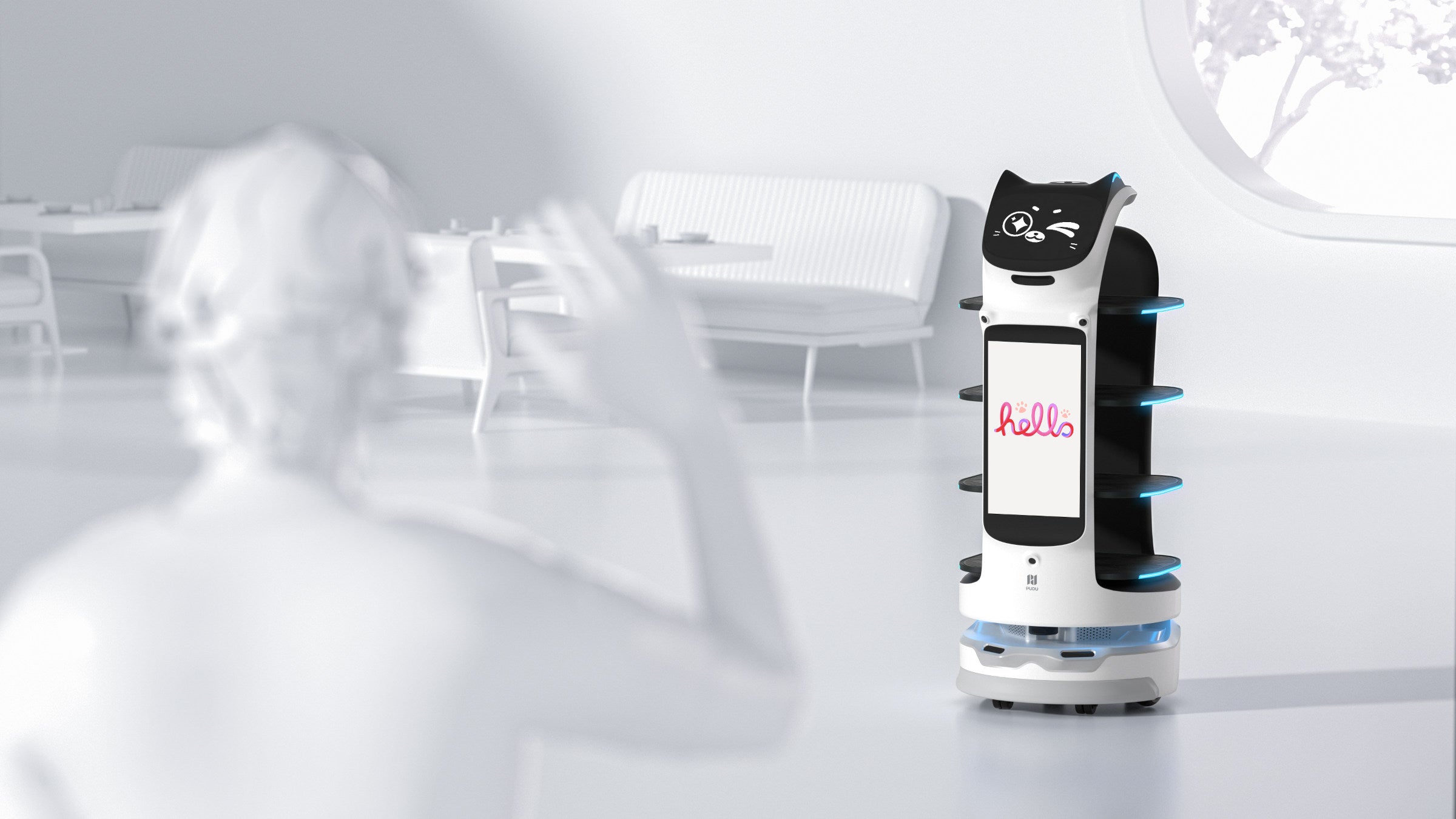 PUDU BellaBot Pro delivery and advertising robot greeting customer with friendly interaction