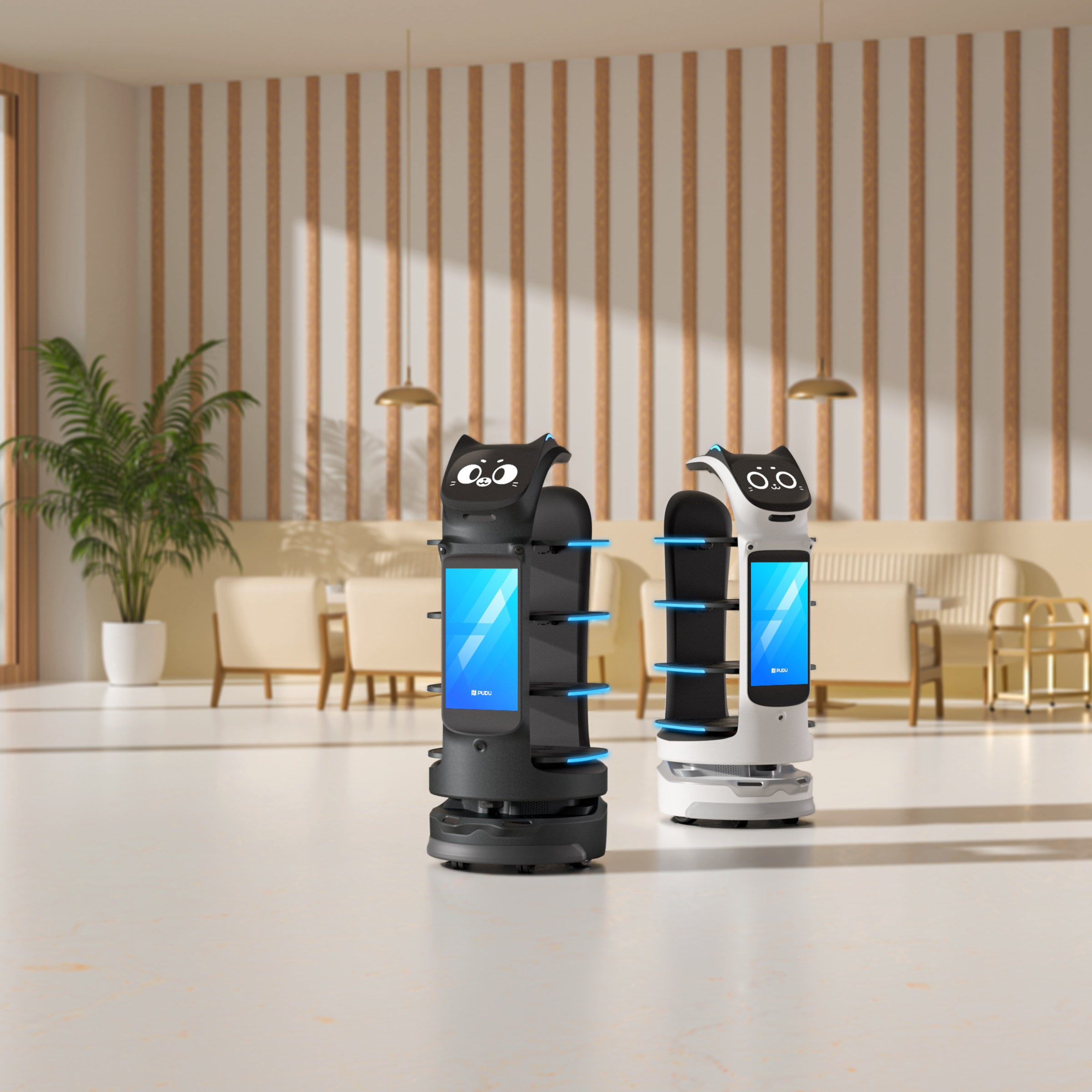 PUDU BellaBot Pro delivery and advertising robot in use inside modern venue