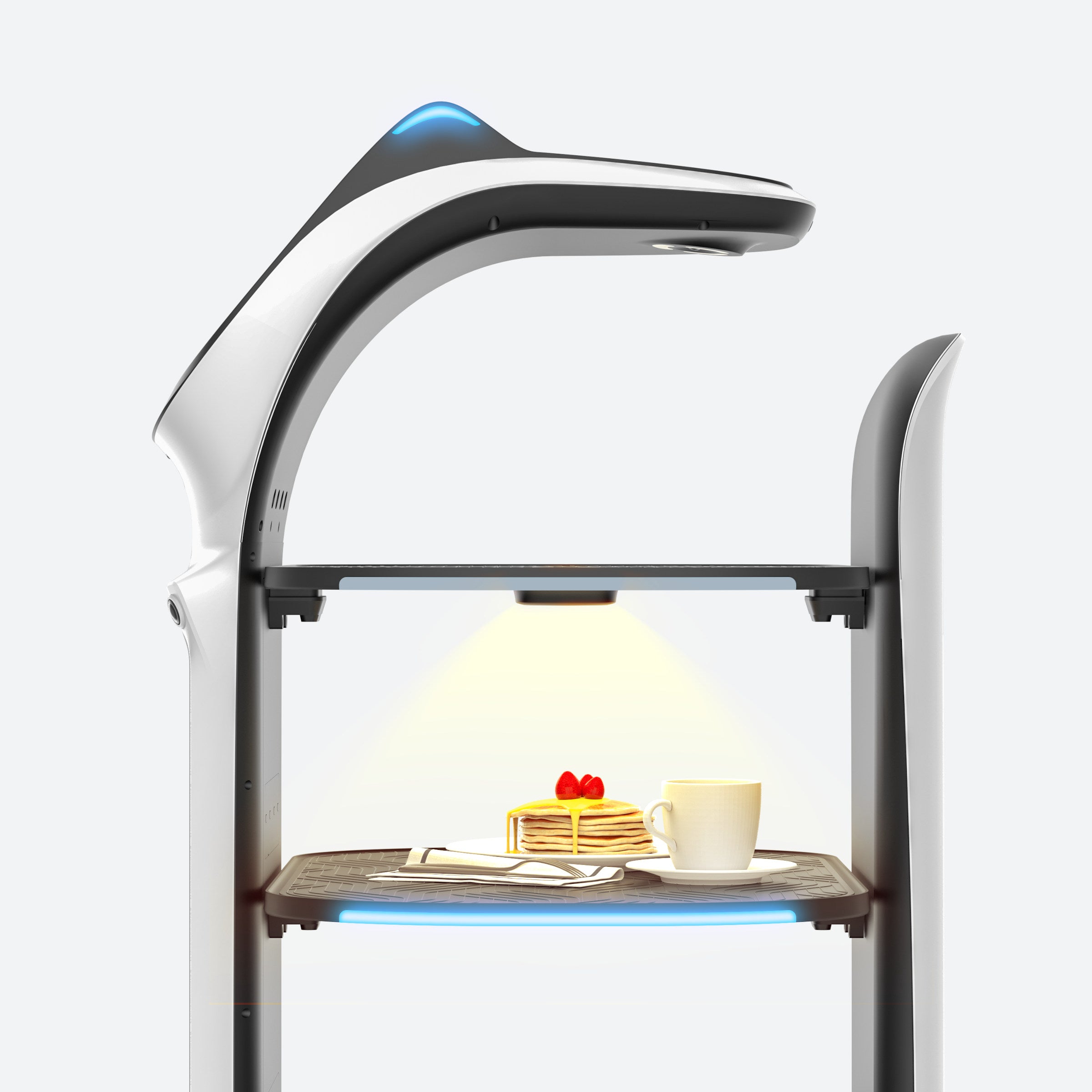 PUDU BellaBot Pro delivery robot showing tray interaction with food items