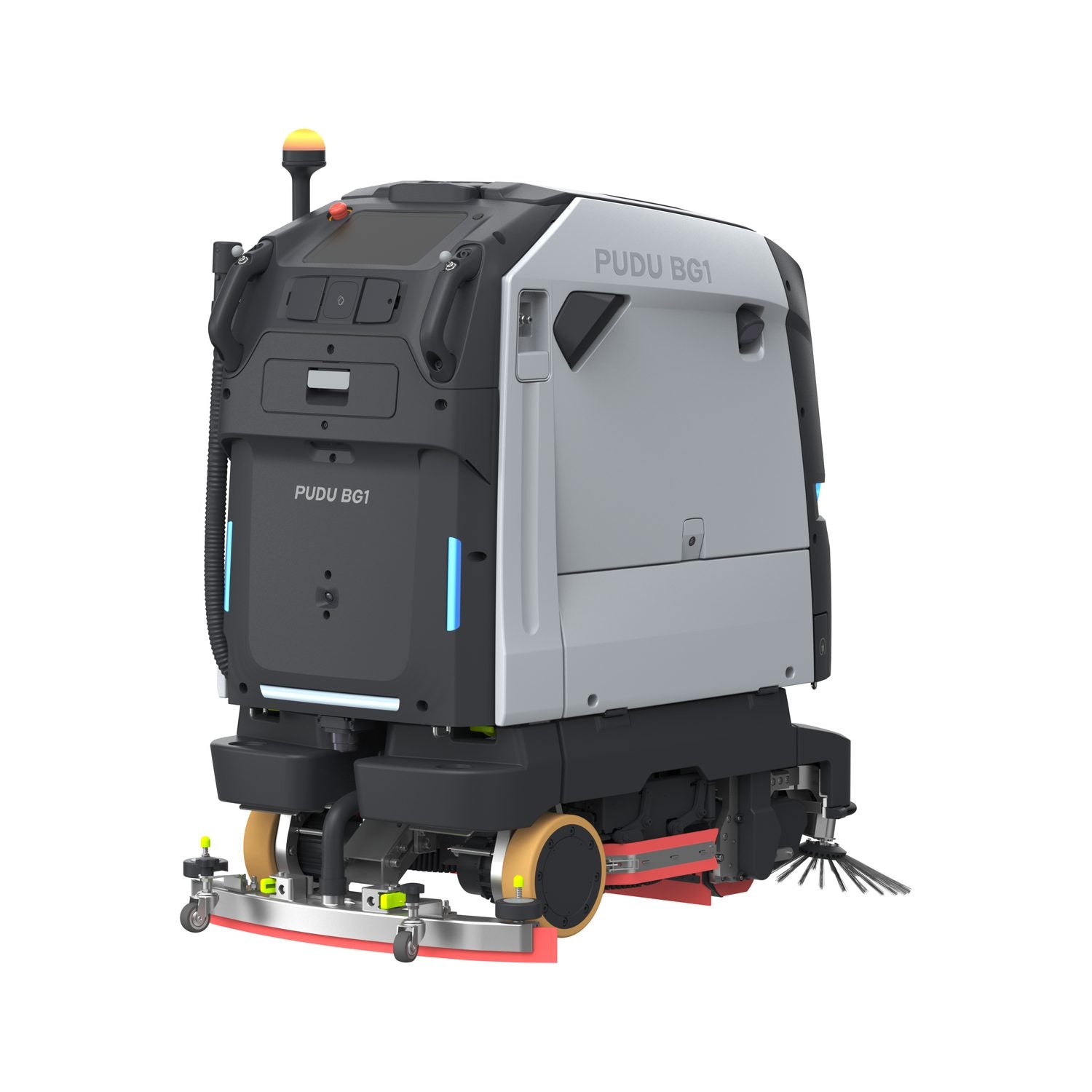 PUDU BG1 commercial scrubber robot angled view