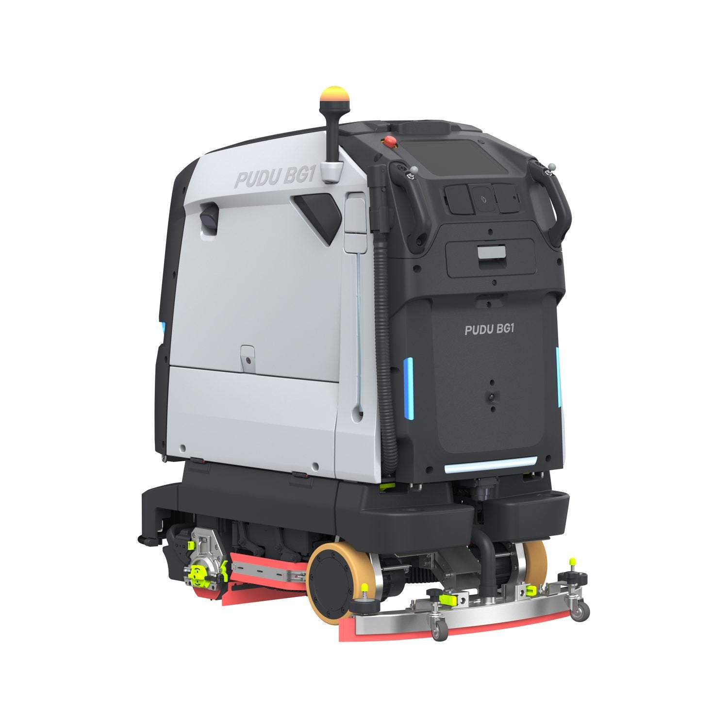 PUDU BG1 commercial scrubber robot angled view