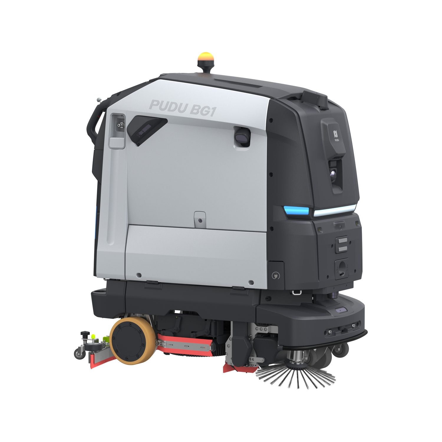 PUDU BG1 commercial scrubber robot angled view