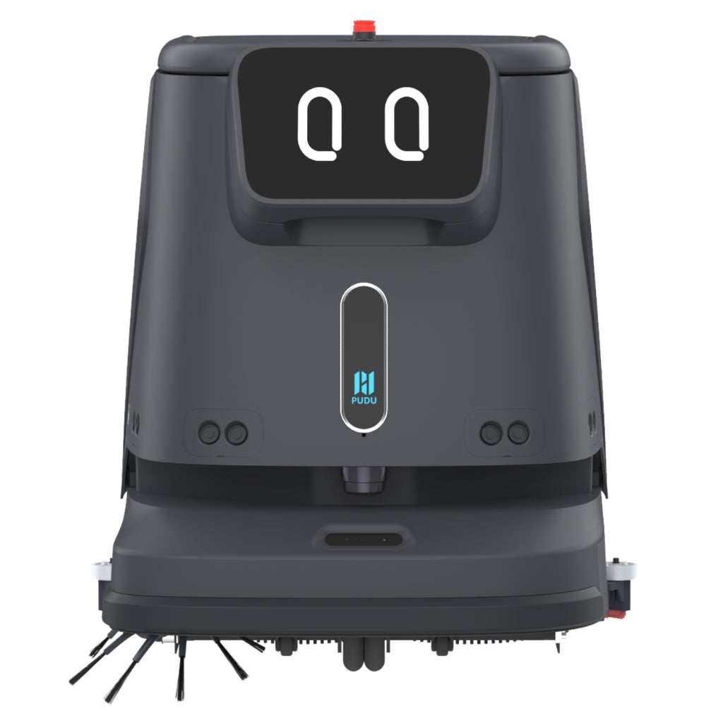 Straight front profile of the black PUDU CC1 autonomous floor scrubber robot.