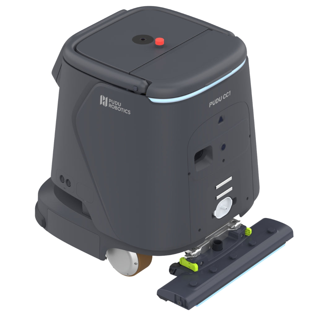 Rear view of the PUDU CC1 featuring the specialised dust mop and vacuum accessory for hard floor maintenance.