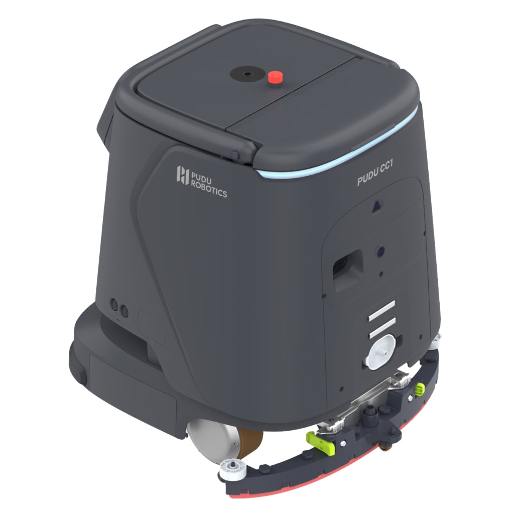 Rear view of the PUDU CC1 black variant highlighting the standard floor scrubbing squeegee assembly.