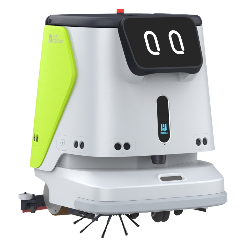 Isometric view of the PUDU CC1 green variant, showing the user-friendly touch screen and navigation sensors.