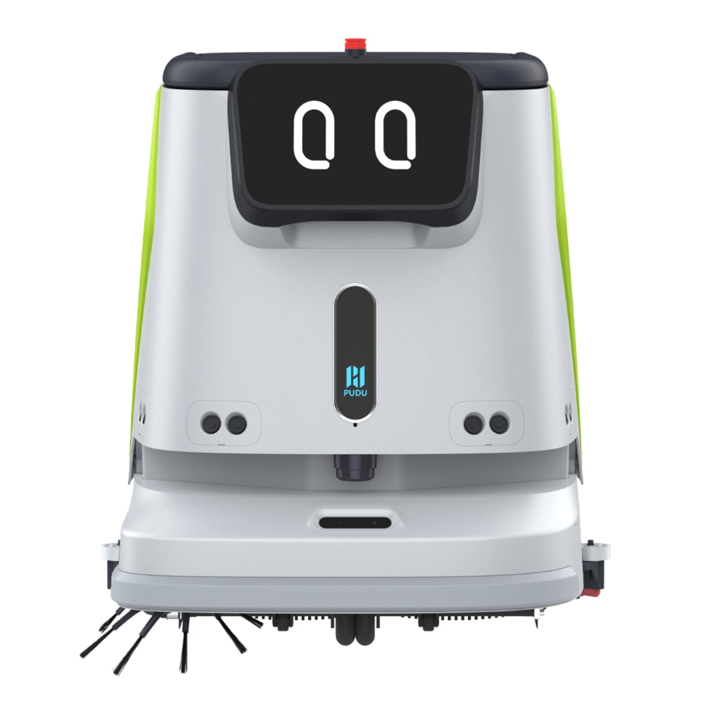 Front view of the PUDU CC1 intelligent commercial cleaning robot in the standard yellow-green finish.