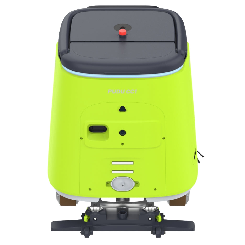 PUDU CC1 green variant fitted with the carpet vacuuming accessory for office cleaning.