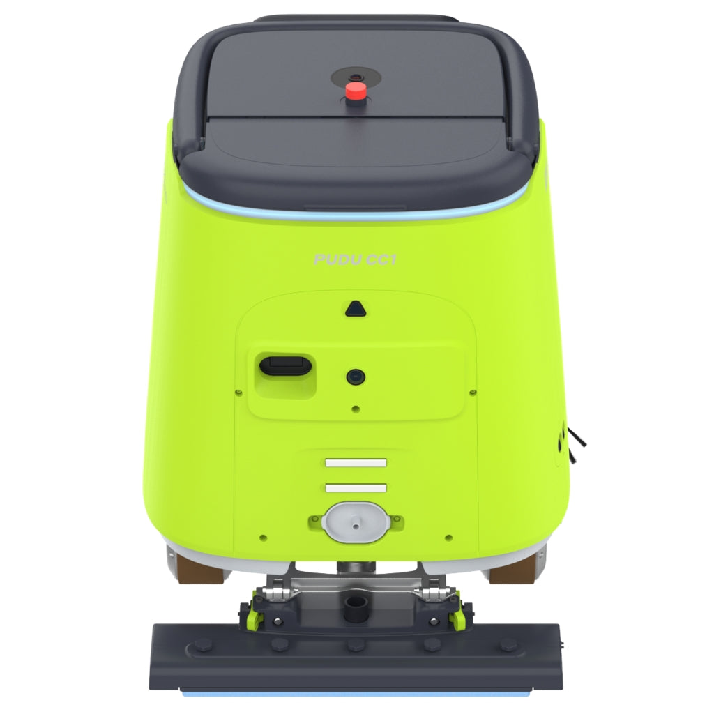 Rear view of the PUDU CC1 showing the dust mopping attachment for fine dust removal on hard floors.
