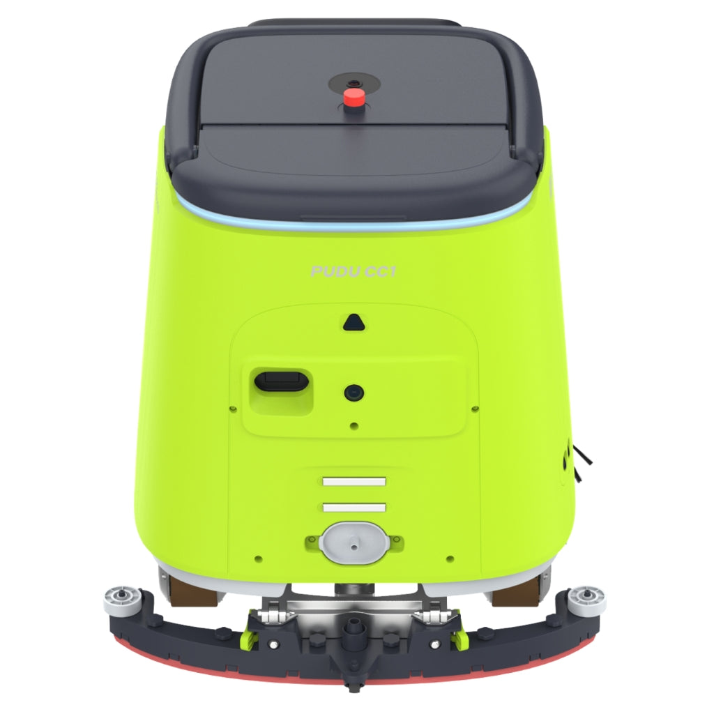 Rear view of the PUDU CC1 green model equipped with the standard floor scrubbing squeegee.