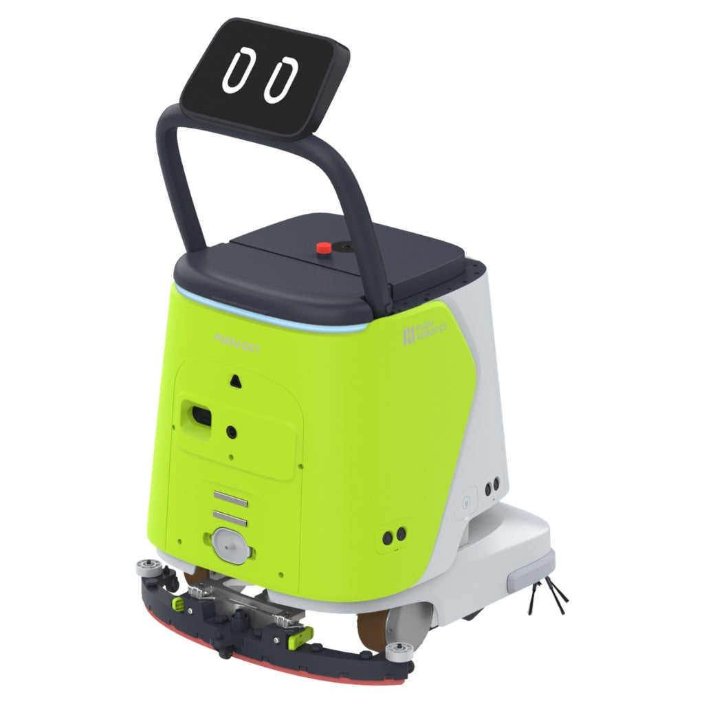 PUDU CC1 with retractable handle extended, allowing for manual push operation and spot cleaning.