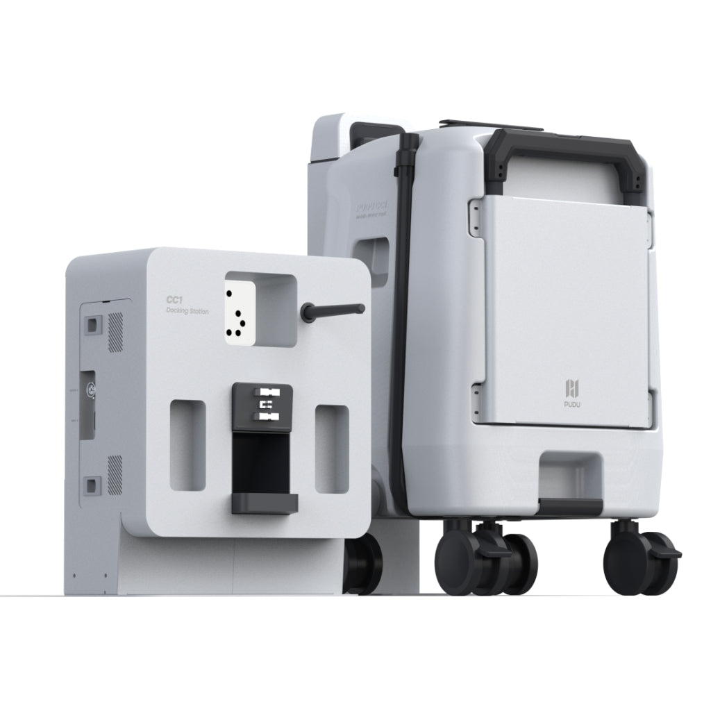 PUDU CC1 mobile water tank and charging dock kit for autonomous cleaning without fixed plumbing.