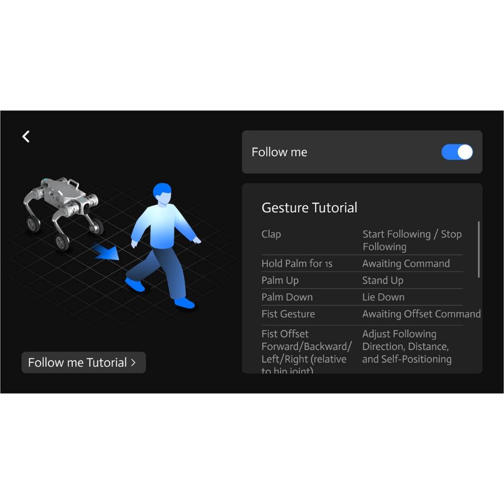 PUDU D5 remote app displaying the AI gesture control tutorial for hands-free commands like "Follow" and "Stop".