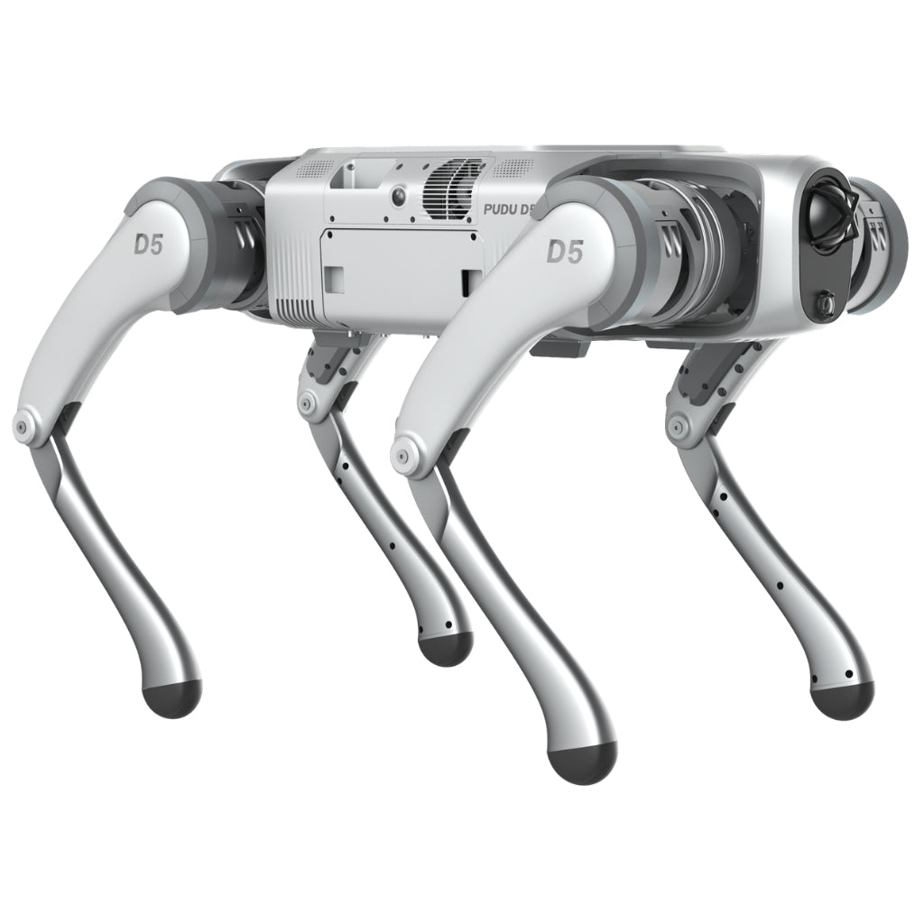 Rear-right perspective of the PUDU D5 series robot designed for all-weather outdoor operation.