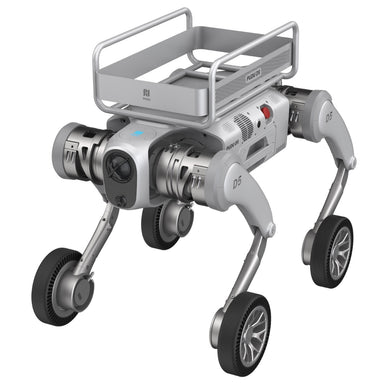 PUDU D5 wheeled robot dog equipped with the secure delivery box accessory for transporting tools and materials.
