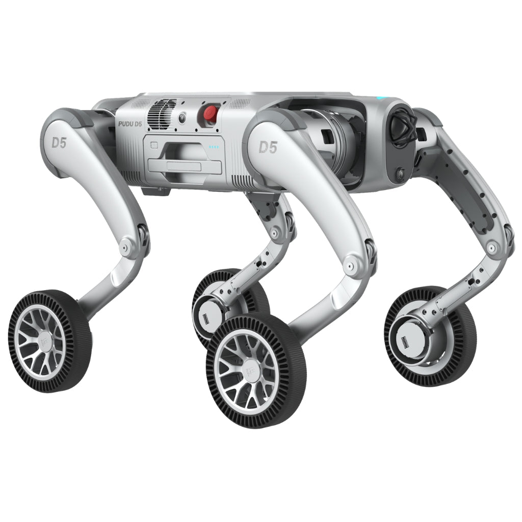 Rear-left view of the PUDU D5 wheeled version showing heavy-duty all-terrain tires.