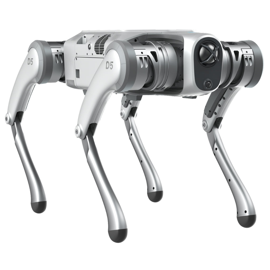 Front-right isometric view of the PUDU D5 industrial inspection robot dog.