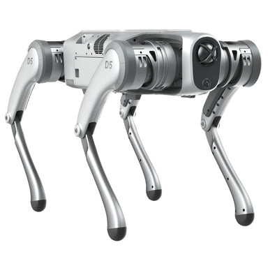 Front-right isometric view of the PUDU D5 industrial inspection robot dog.