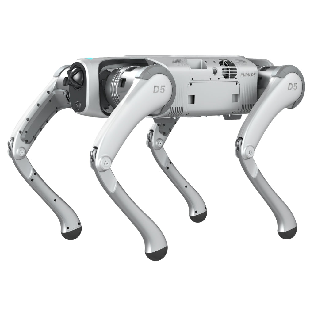 PUDU D5 industrial robot dog in legged configuration for traversing uneven terrain.