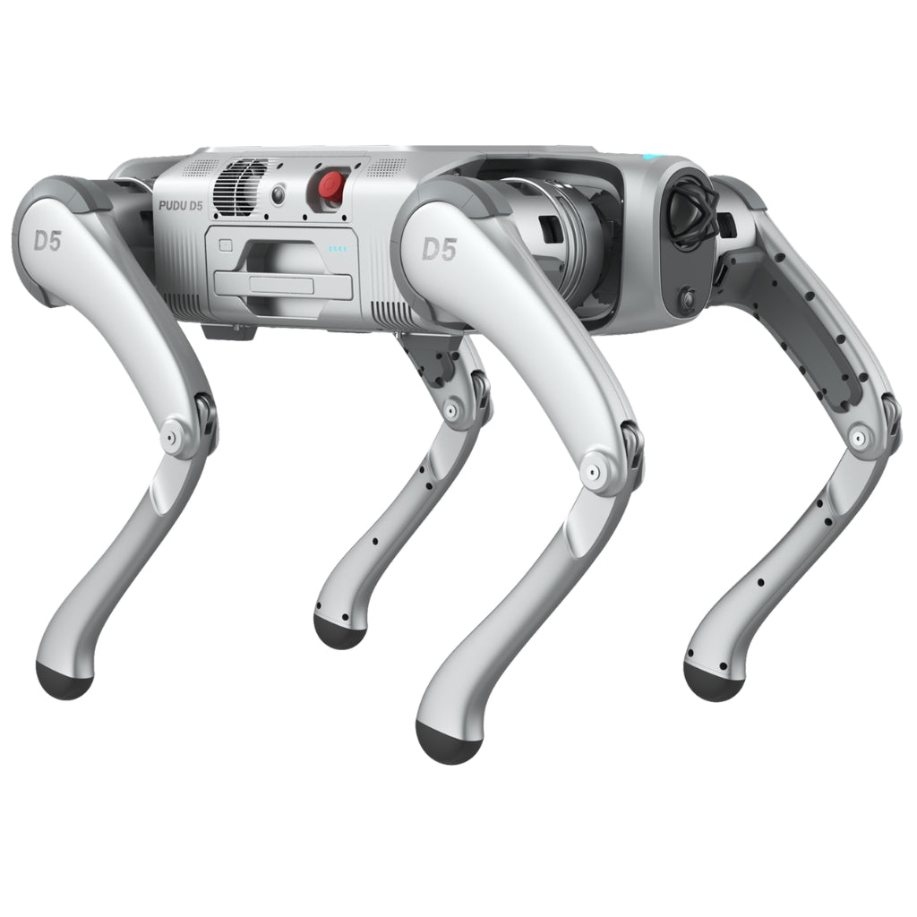 Rear-left view of the PUDU D5 autonomous quadruped showing expansion rails for inspection payloads.