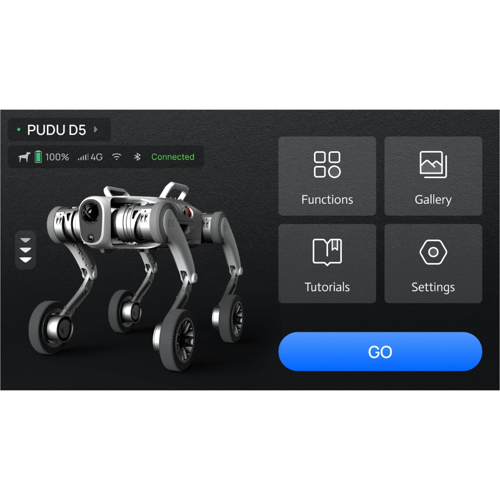 RCOS remote control interface dashboard for PUDU D5 showing functions, gallery, and settings for robot management.