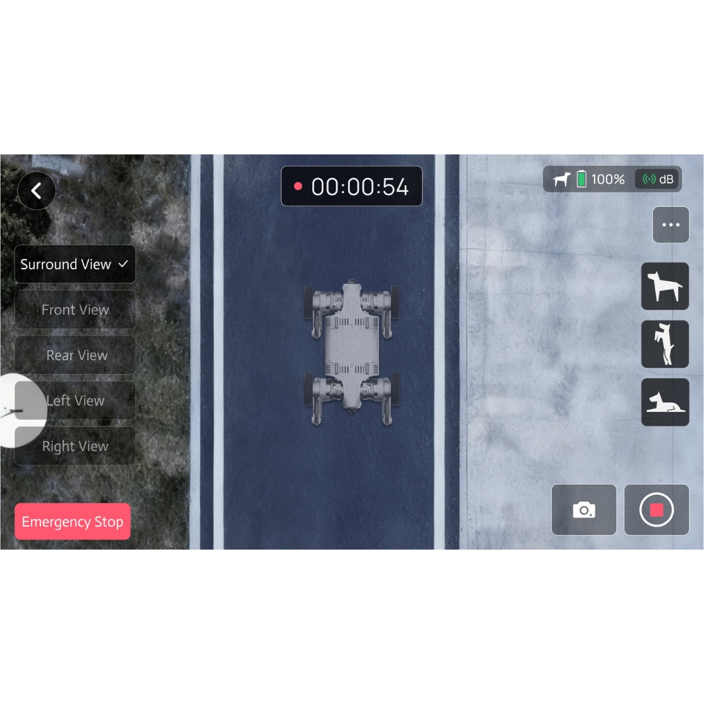 Real-time remote vision control interface for PUDU D5 displaying the live camera feed and top-down navigation map.