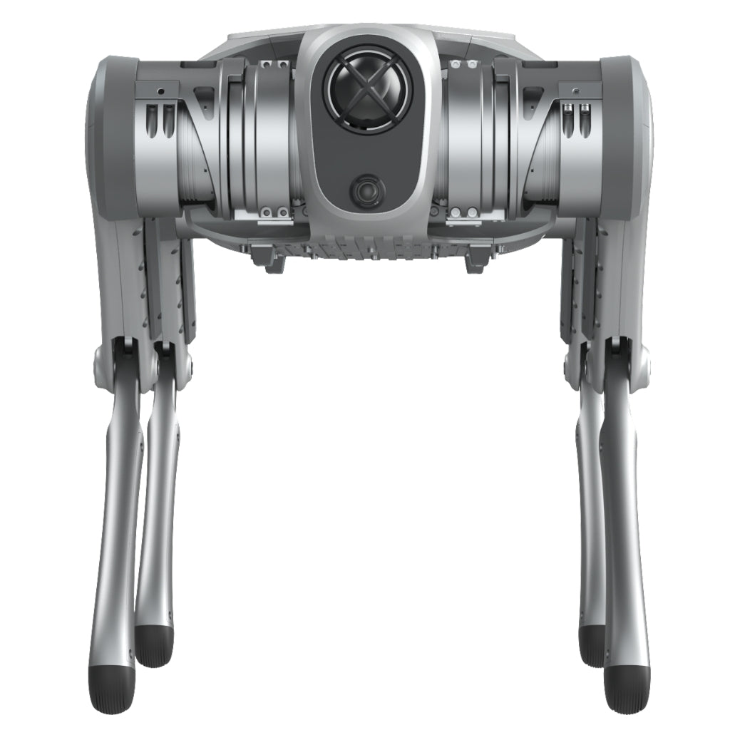 Front view of the PUDU D5 robot dog highlighting the dual LIDAR and fisheye camera perception system.