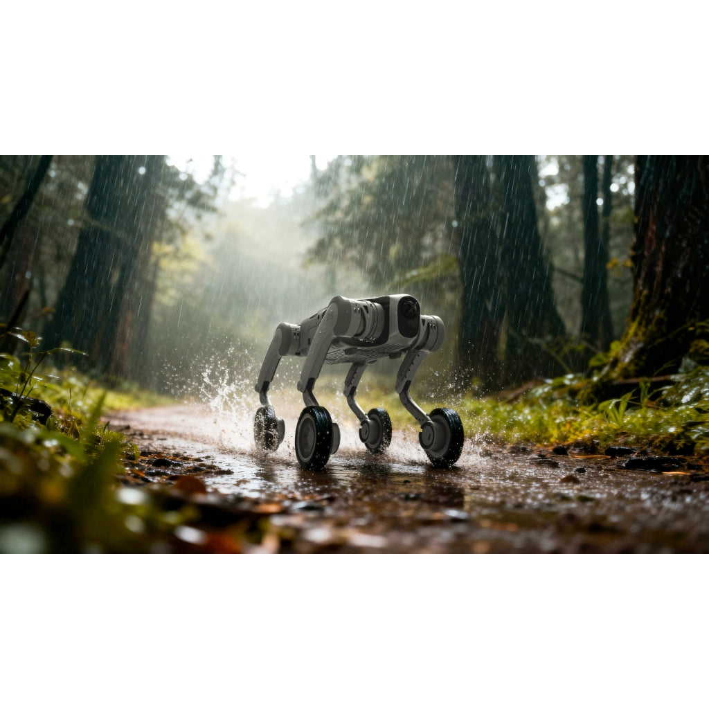 PUDU D5 industrial robot dog traversing wet forest terrain, demonstrating IP67 waterproof capabilities.
