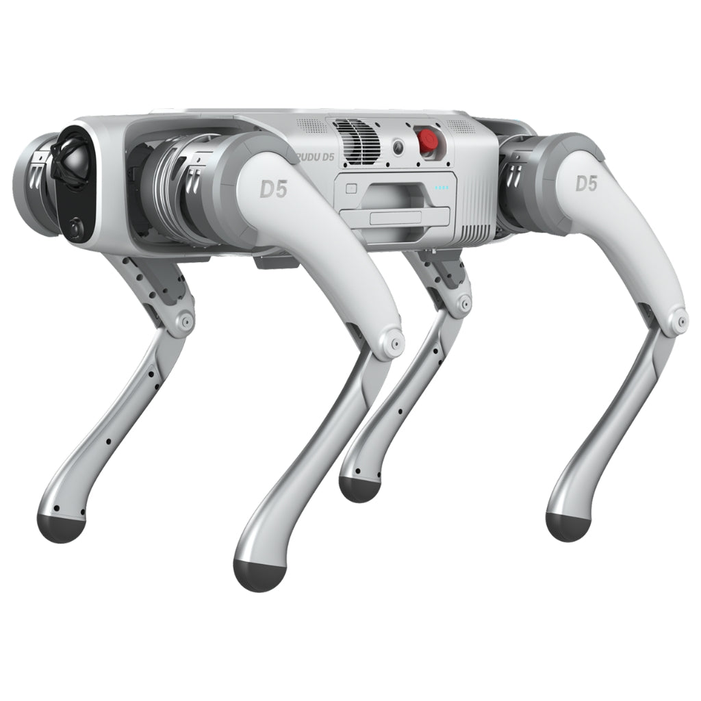 PUDU D5 robot dog standing pose, displaying high-torque joint motors for climbing slopes.