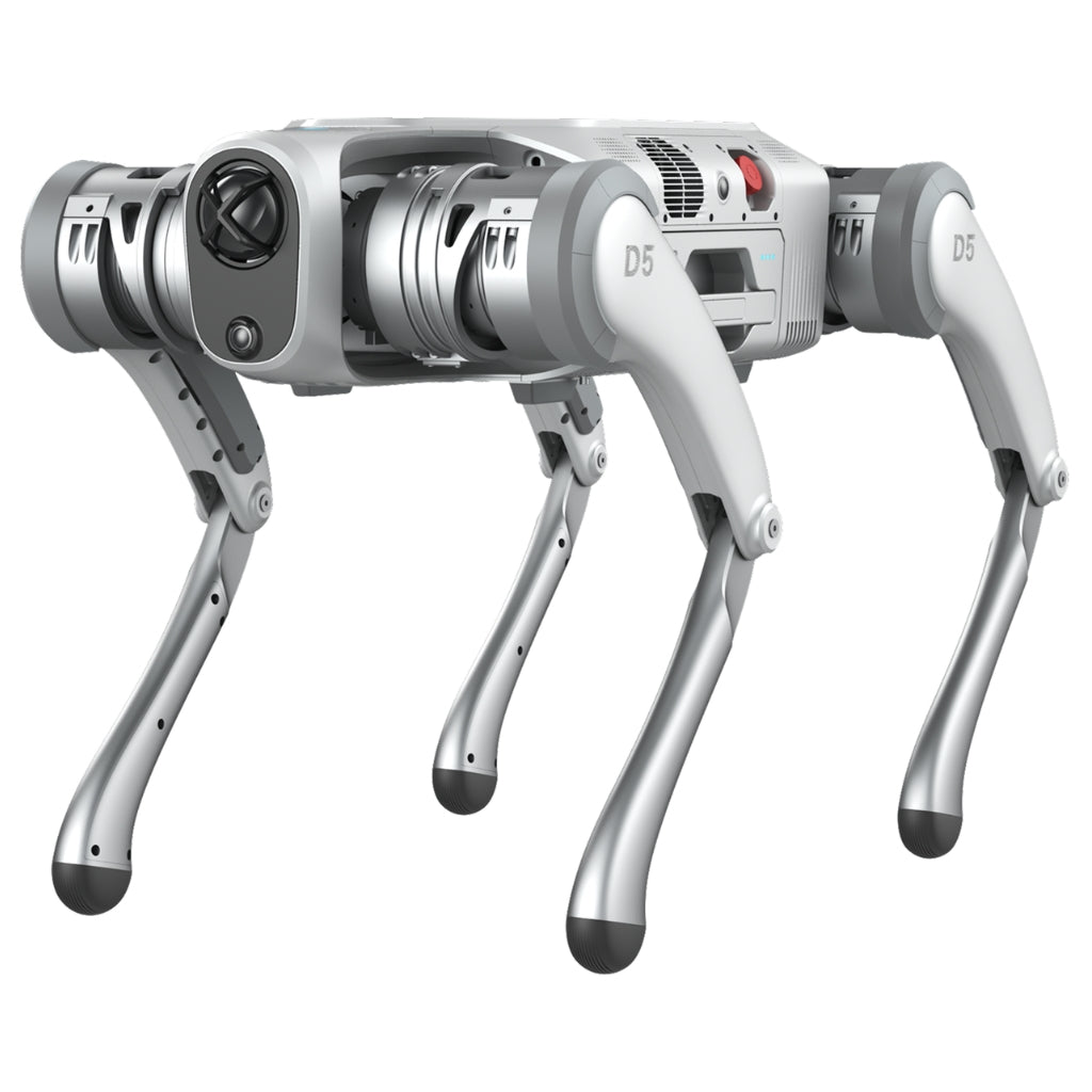 PUDU D5 robot dog standing pose, showing robust IP67-rated chassis design.