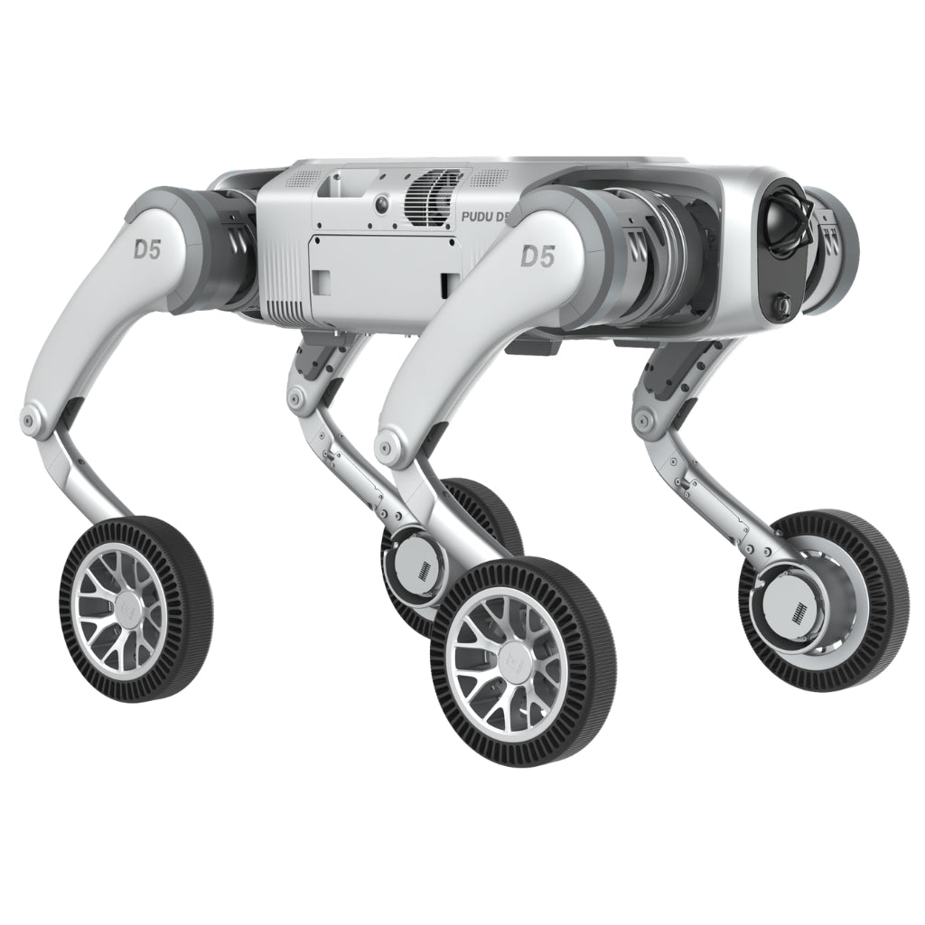 Rear-right view of the PUDU D5 wheeled model showing the swappable battery compartment.