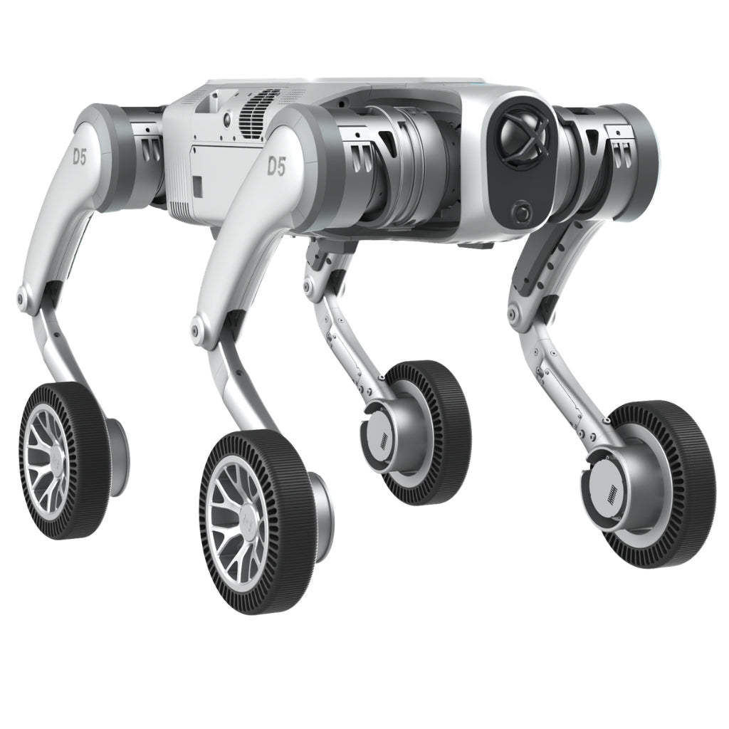 Front-right isometric view of the PUDU D5 wheeled inspection robot.