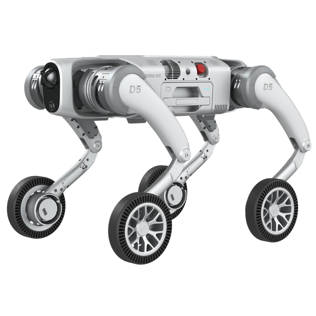 PUDU D5 wheeled robot dog in action pose, ready for rapid emergency response tasks.