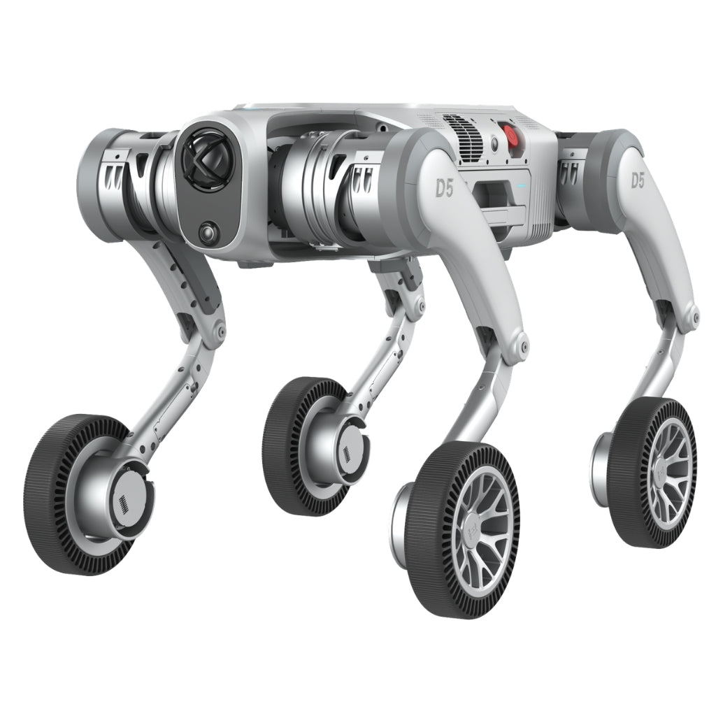 PUDU D5 wheeled robot dog in action pose, highlighting the hybrid mobility system.