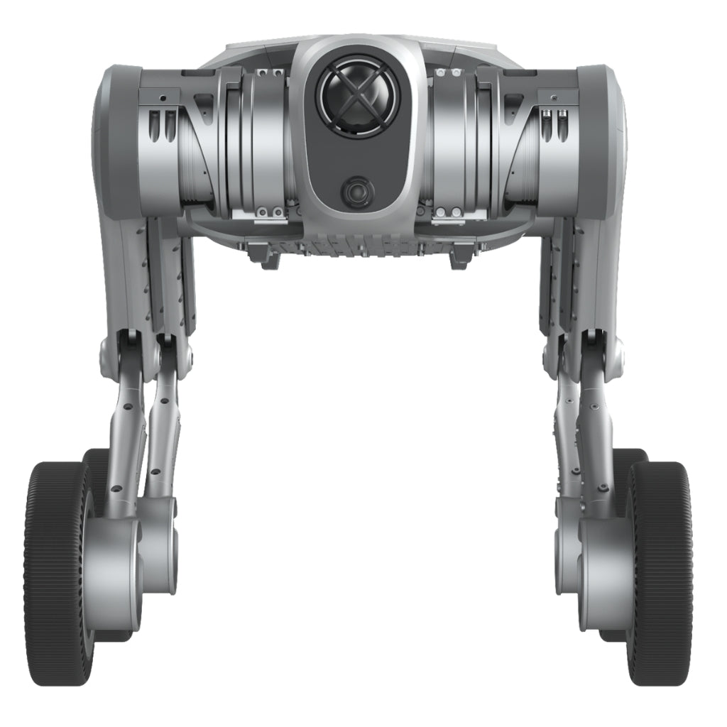 Front profile of the PUDU D5 wheeled robot dog optimized for fast movement on flat surfaces.