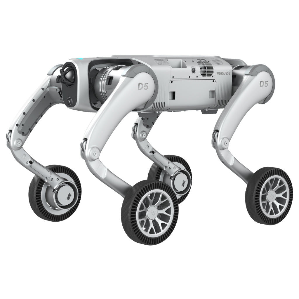 PUDU D5 wheeled robot dog with hybrid drive for high-speed industrial patrol.