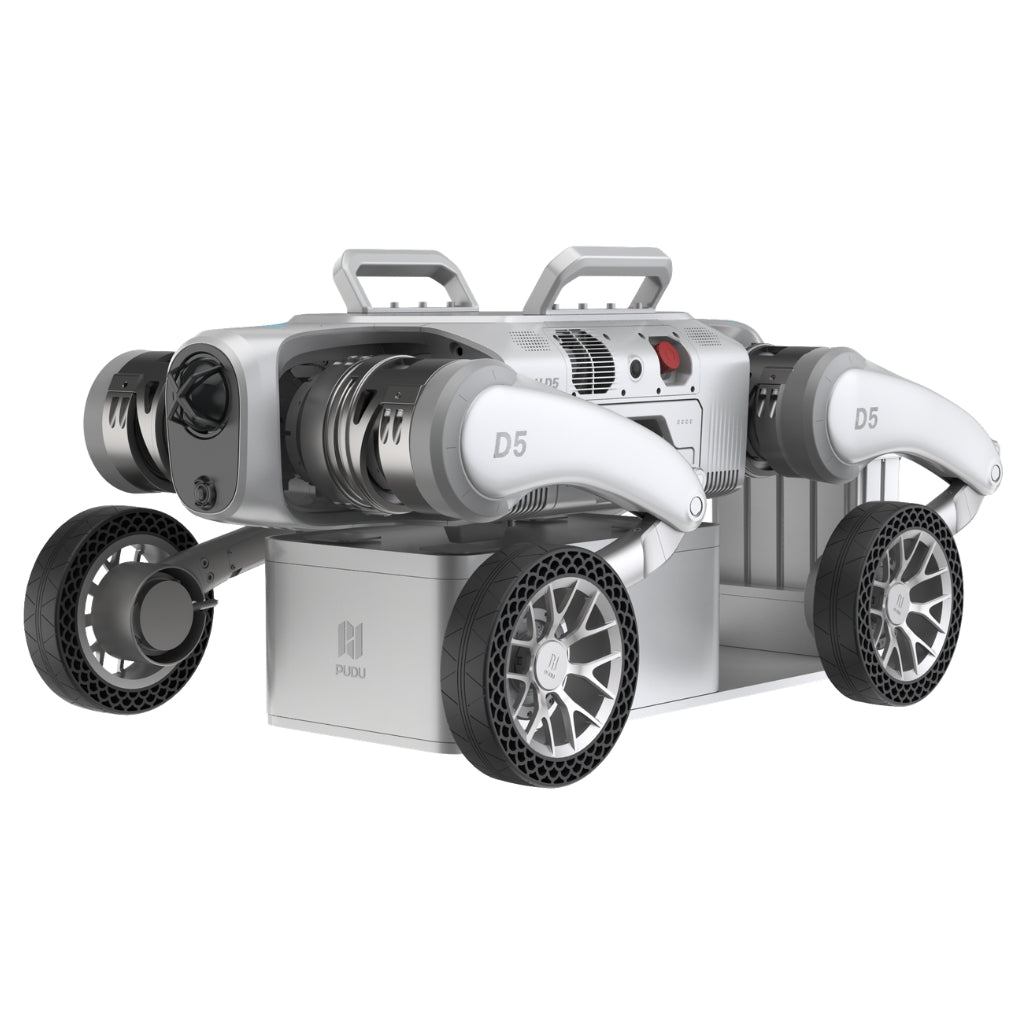 PUDU D5 robot dog docked on its wireless charging station for automatic battery replenishment and 24/7 operation.