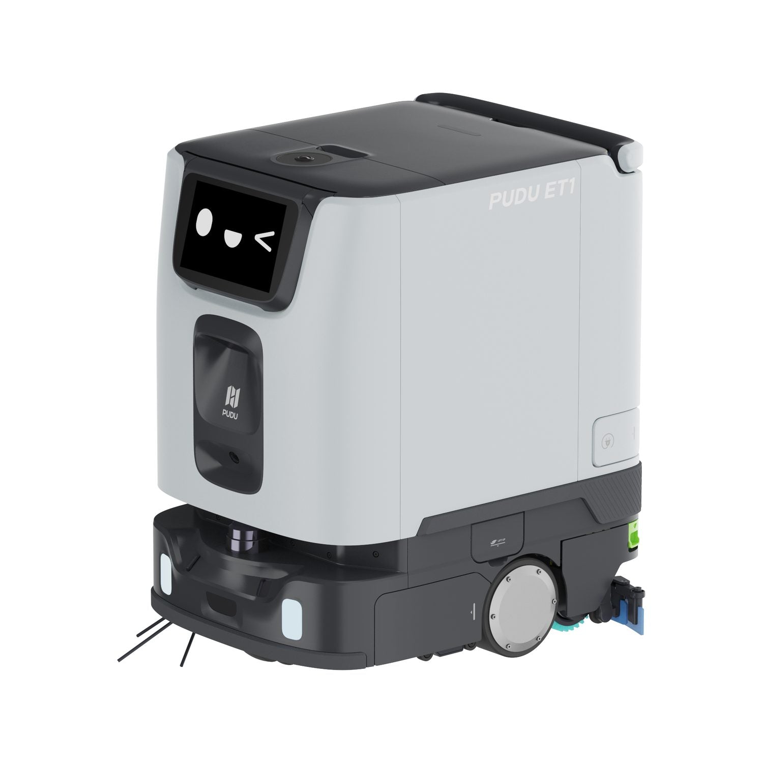 PUDU ET1 compact scrubber dryer robot angled view showing the body and control panel