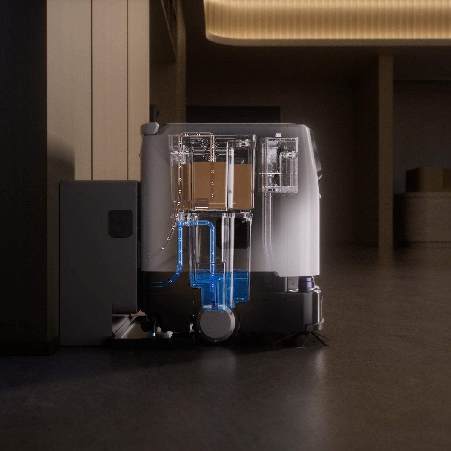 PUDU ET1 compact scrubber dryer robot docked at its 8 in 1 self cleaning station