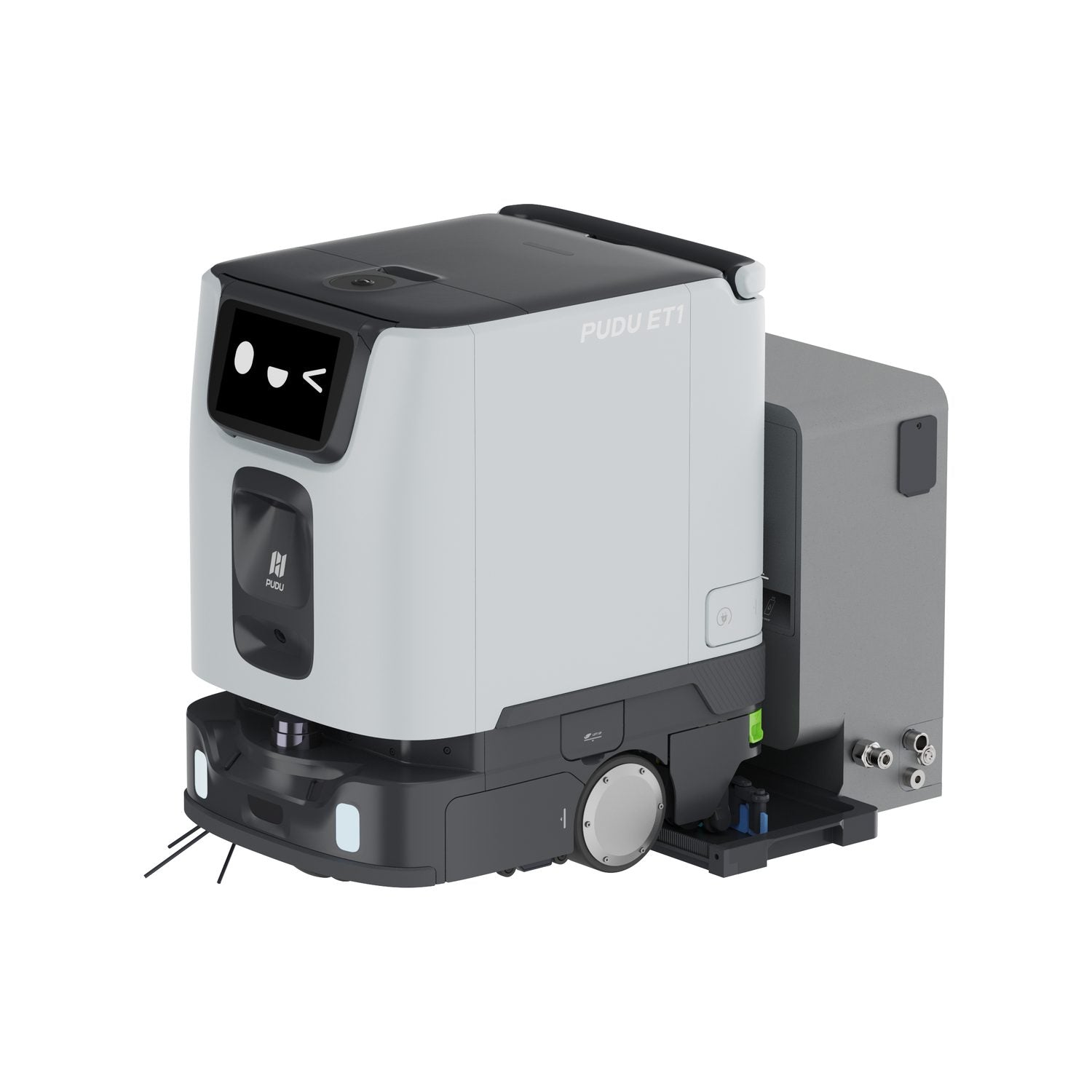 PUDU ET1 compact scrubber dryer robot front right angle showing the scrubbing and sweeping modules