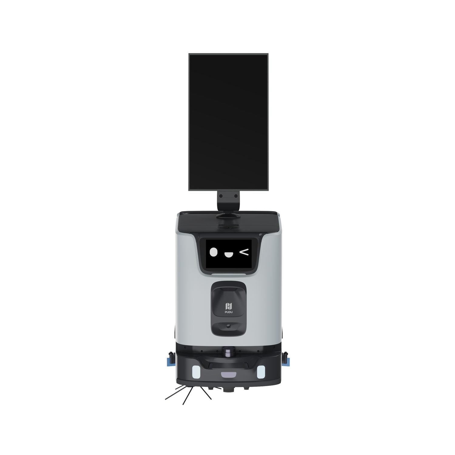 PUDU ET1 compact scrubber dryer robot fitted with the optional 21.5 inch advertising display
