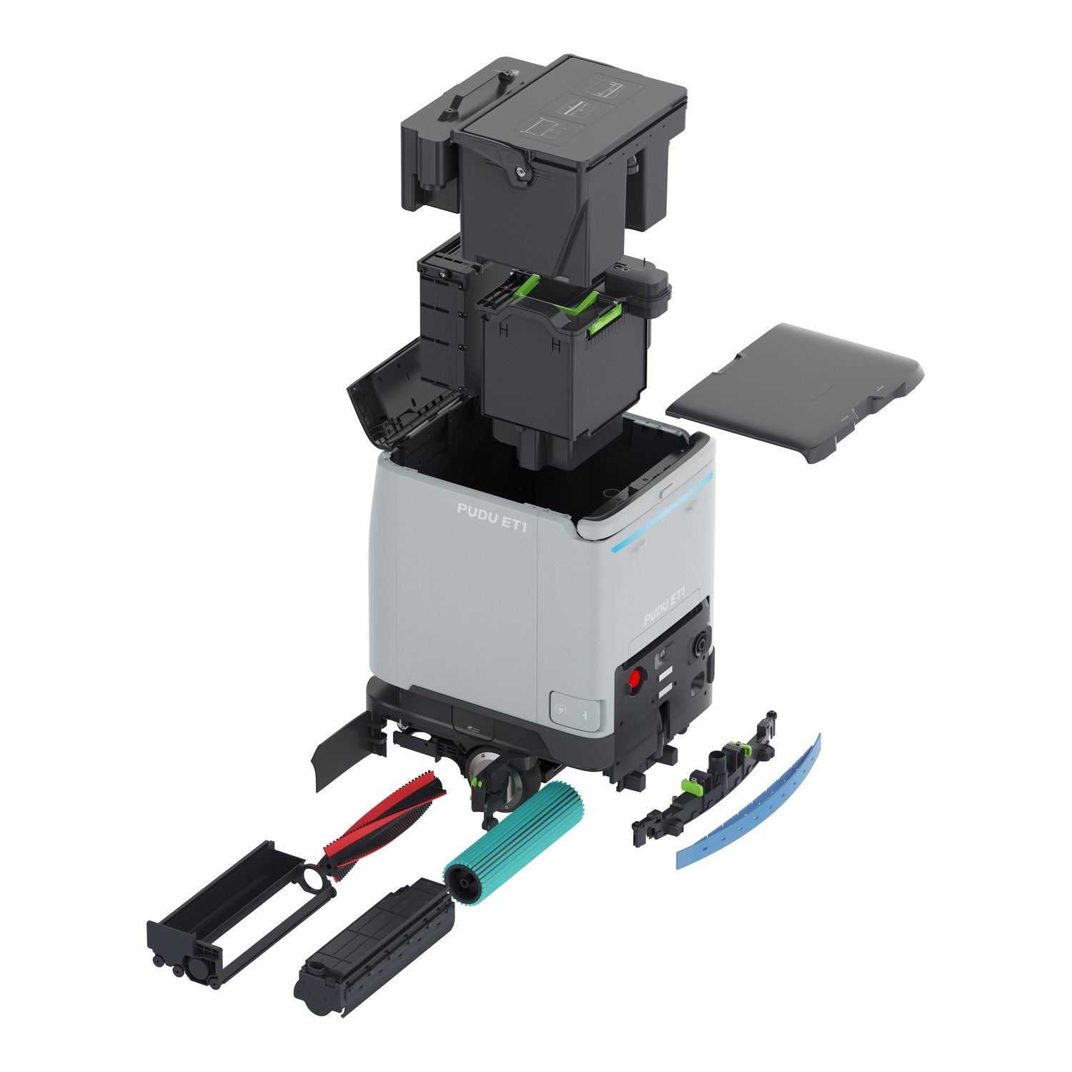 PUDU ET1 quick release cleaning modules shown separated from the robot