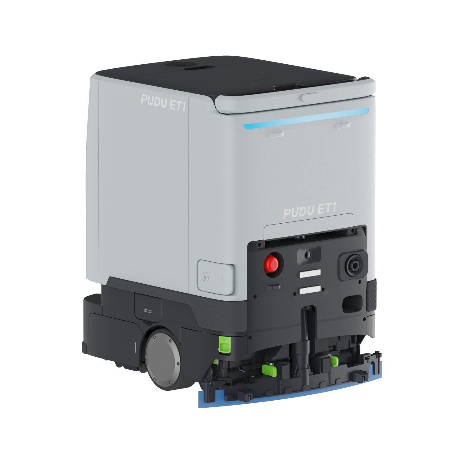 PUDU ET1 compact scrubber dryer robot rear three quarter view with the squeegee visible